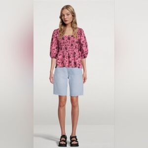 Ganni Printed Poplin Shirred Blouse